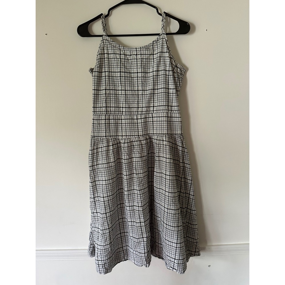 Free Assembly Womens Plaid Cotton Tiered Midi Dress Black White Smocked Back M